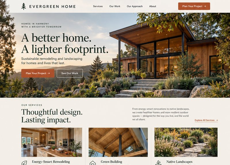 Website design for Evergreen Home, a sustainable home builder