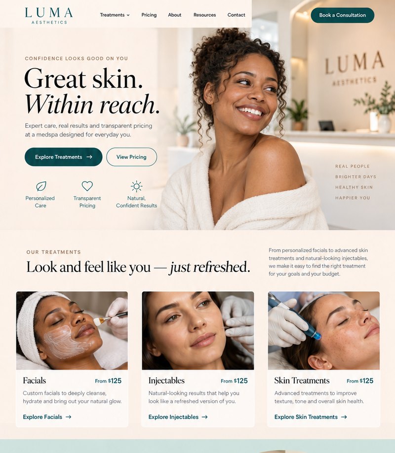 Website design for Luma, a med spa